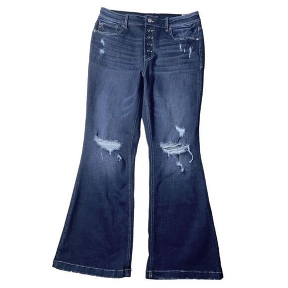 Maurice’s Wms Sz 16 Dark Button Fly Blue High Rise Flare Distressed Denim Jeans - Picture 1 of 5